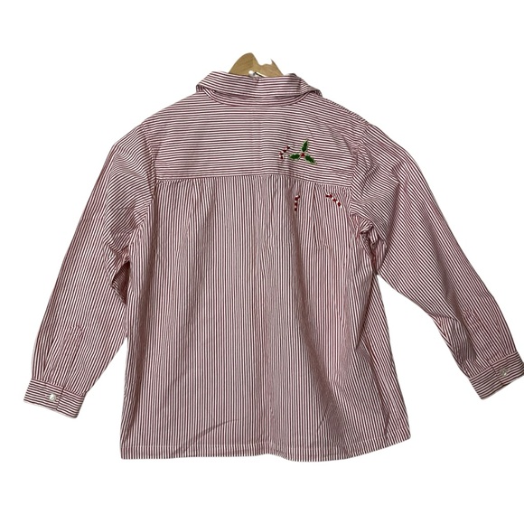 QUACKER FACTORY sz X Large Blouse Button Front Christmas Pinstripe Candy Canes - Picture 2 of 7